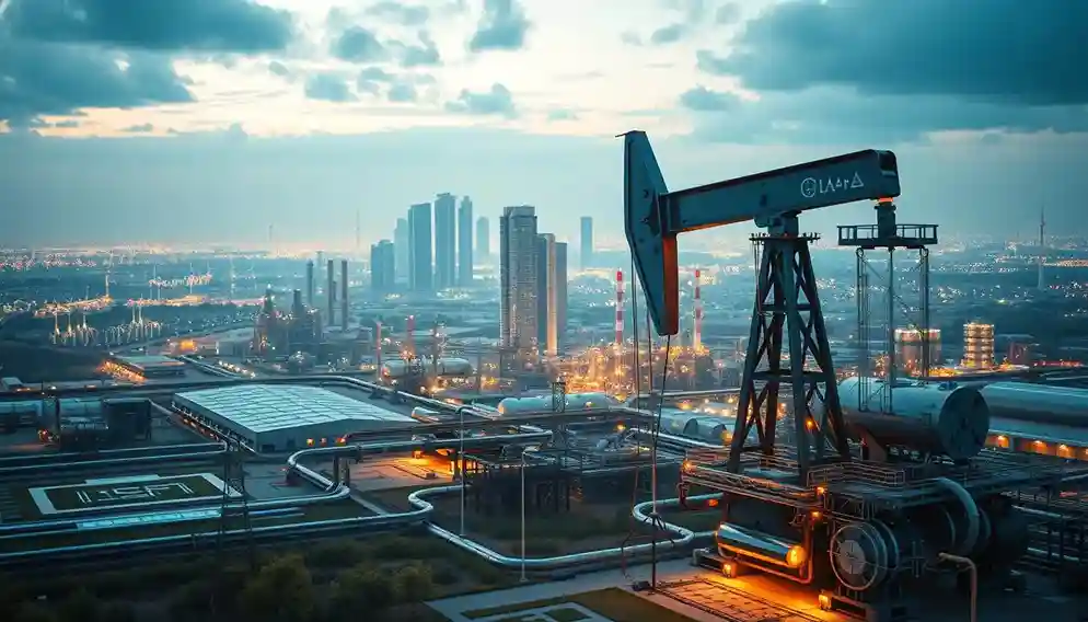 AI-innovatie in de olie- en gasindustrie, geïllustreerd door een pompinstallatie boven de stad.