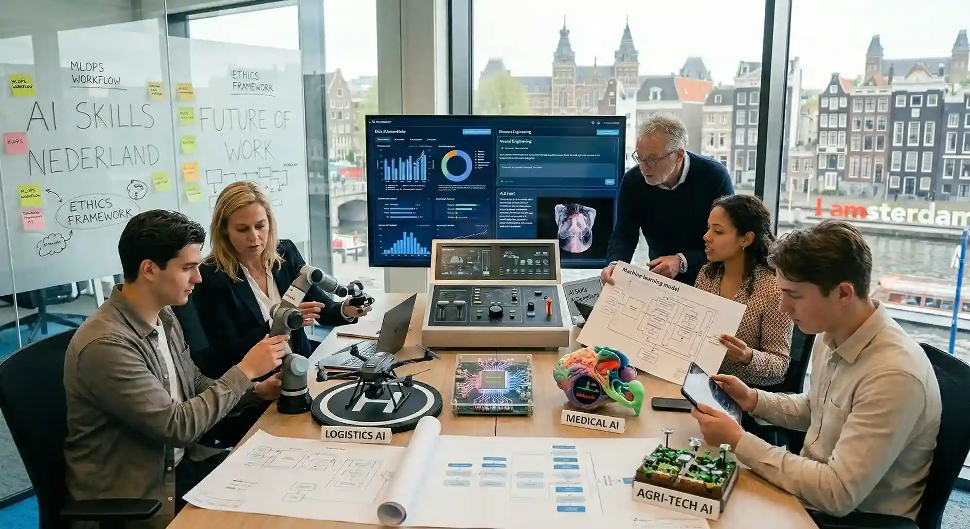 Professionals in Amsterdam werken samen aan AI-technologie en robotica voor de toekomst van werk.